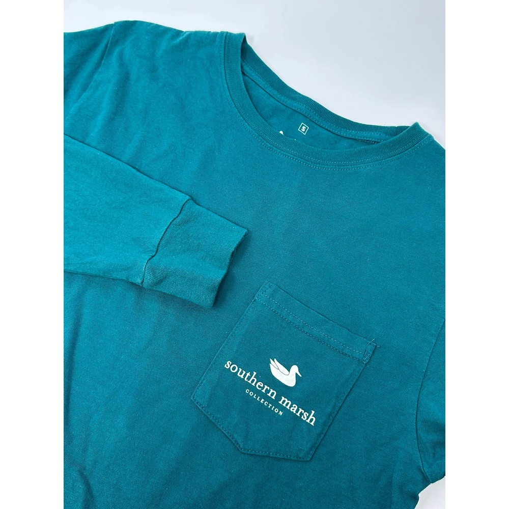 Southern Marsh Mens Teal Green Migratory Bird Hunting Stamp LS Pocket Tee A7